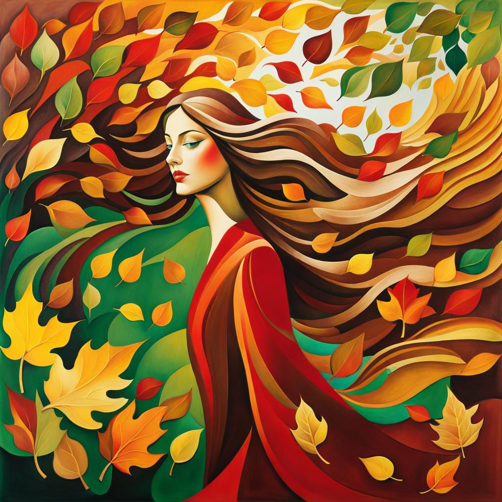 Ethereal Woman Made of Autumn Leaves in Cubist Style