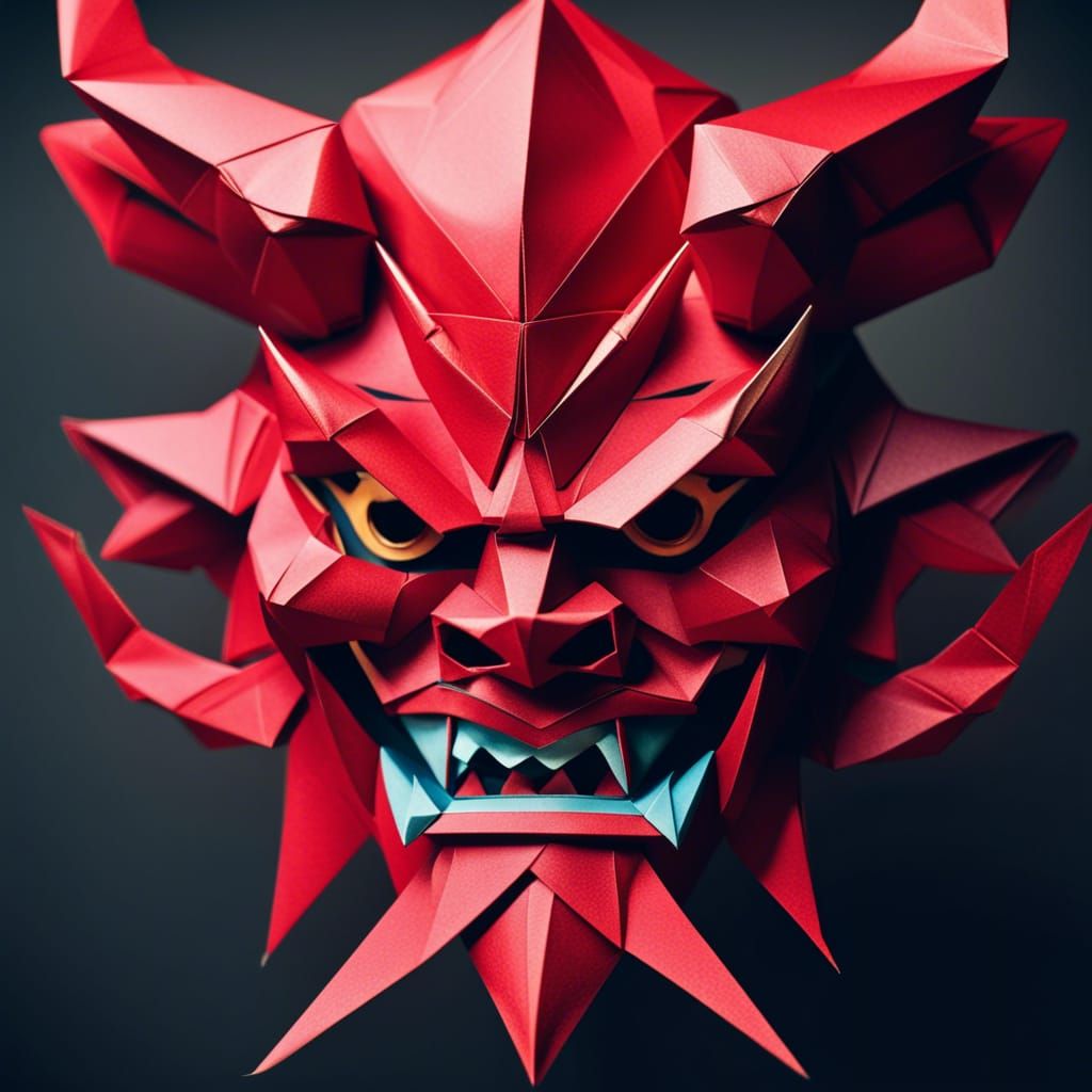 Dramatic Origami Oni Mask Digital Matte Painting