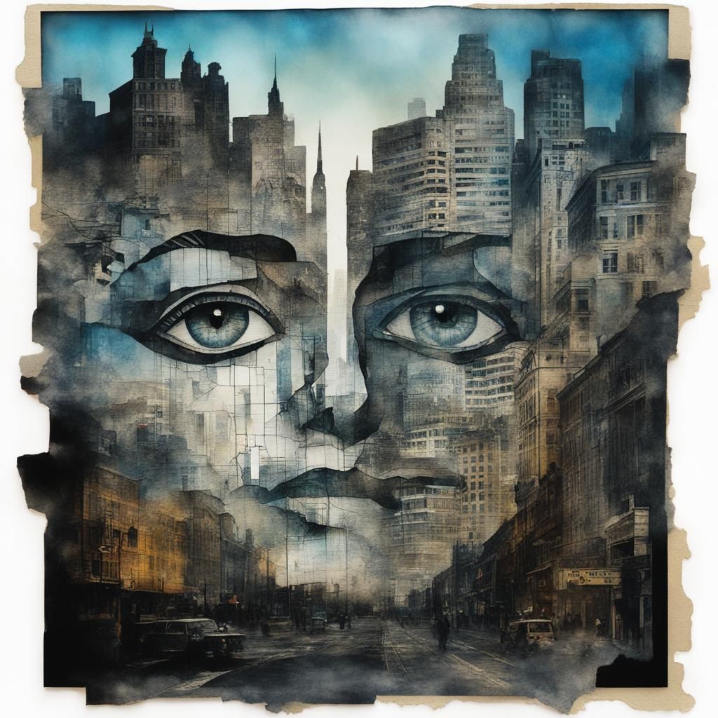 Kirigami Double Exposure Face in Cityscape Watercolor