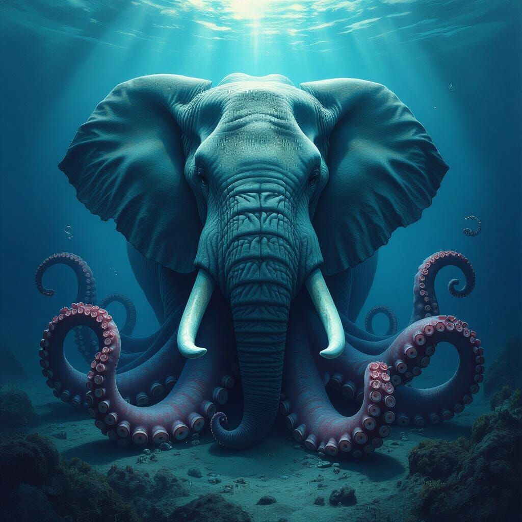 Surreal Elephant-Octopus Hybrid in Deep Sea Oil Painting
