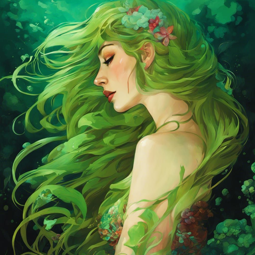 Green Mermaid with Braids Art Nouveau Graffiti Style