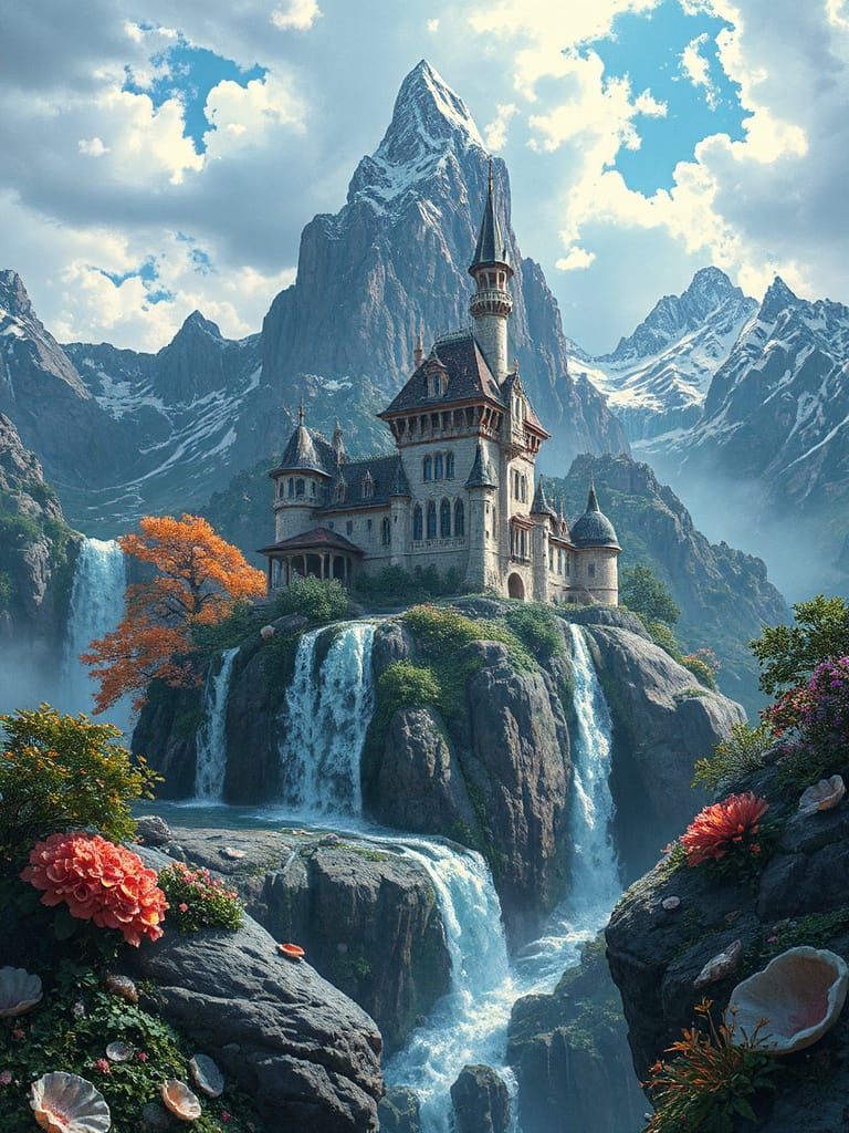 Highly detailed Complex Waterfall cascade Epic beautiful waterfalls flowing out of a pearl with a castle at an epic tall...