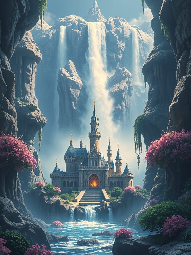 Highly detailed Complex Waterfall cascade Epic beautiful waterfalls flowing out of a pearl with a castle at an epic tall...