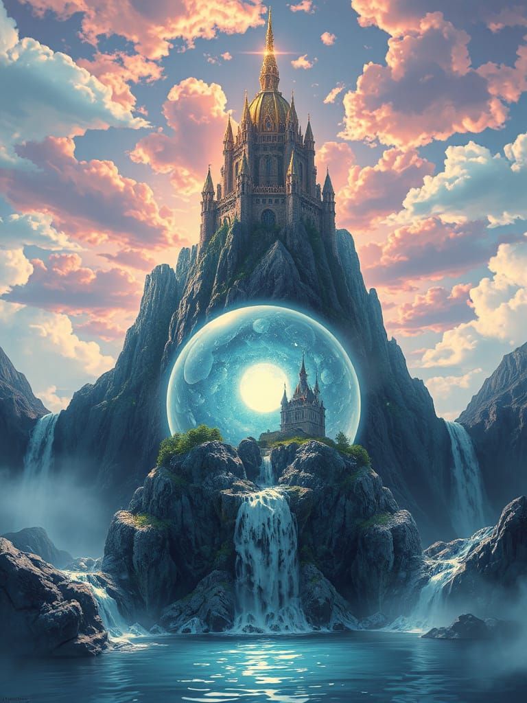 Highly detailed Complex Waterfall cascade Epic beautiful waterfalls flowing out of a pearl with a castle at an epic tall...