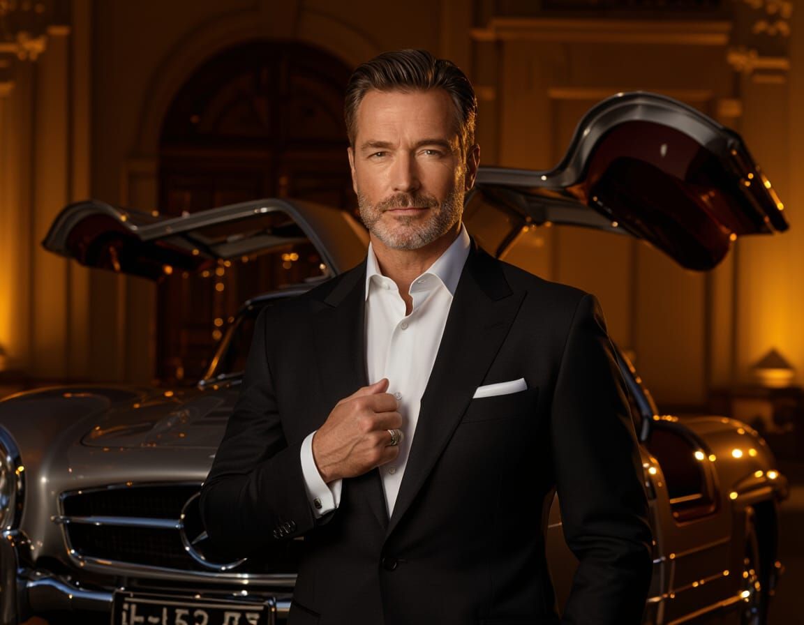 Gullwing Car and Confident Man in Golden Hour