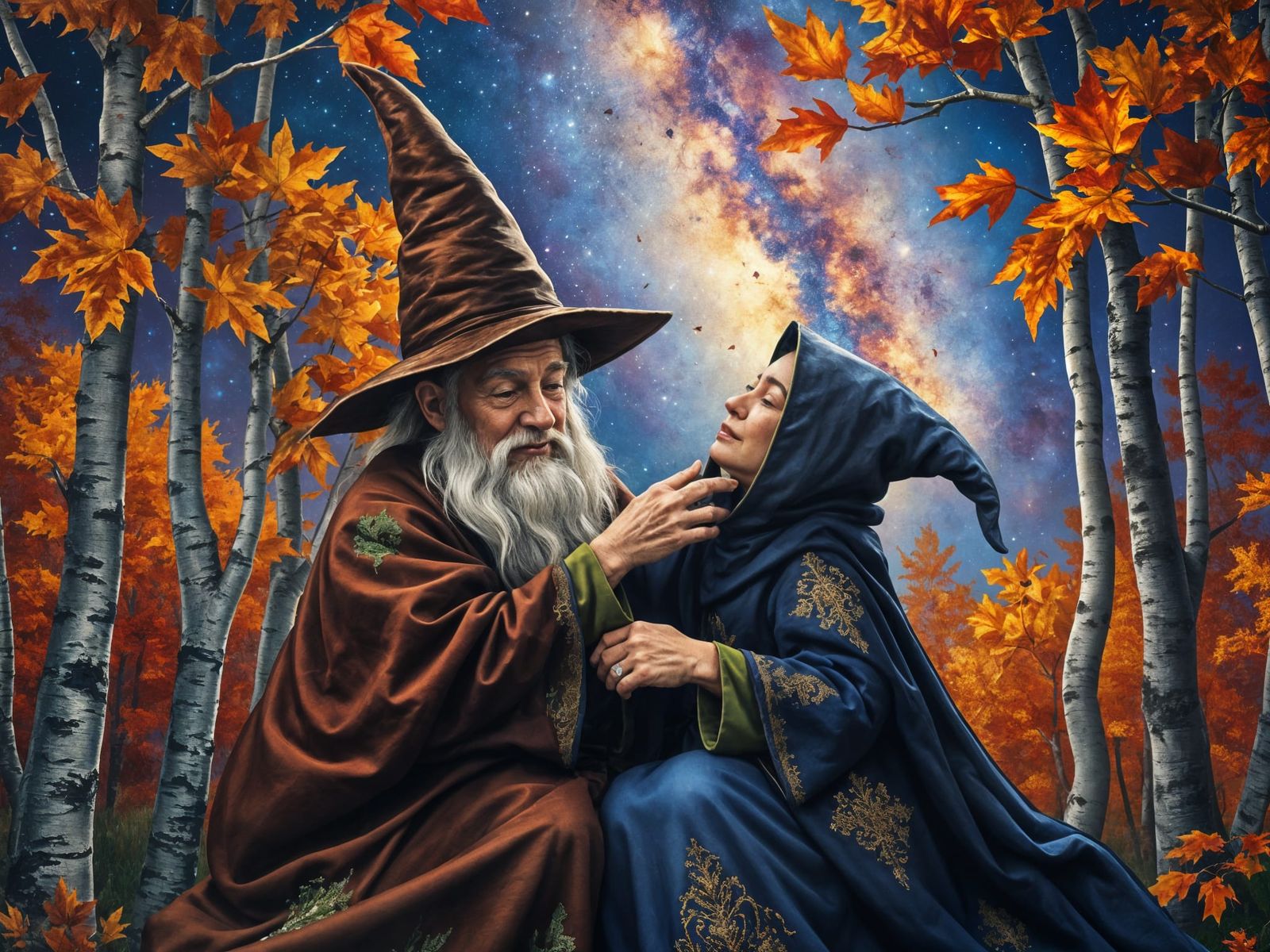 Romantic Wizard and Witch Cuddle in Autumn Fantasy
