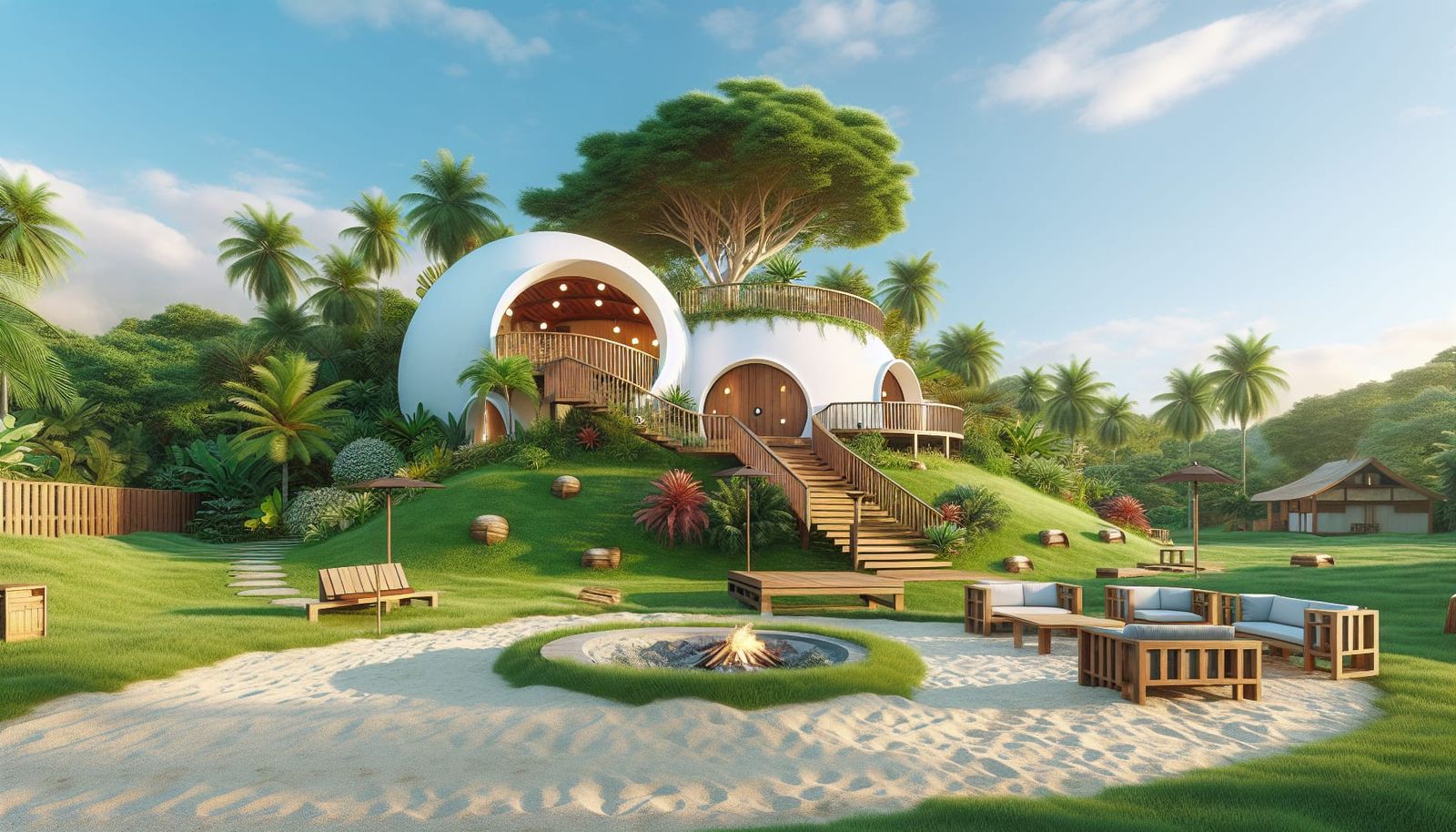 Whimsical Hobbit House in Sunny Garden Landscape