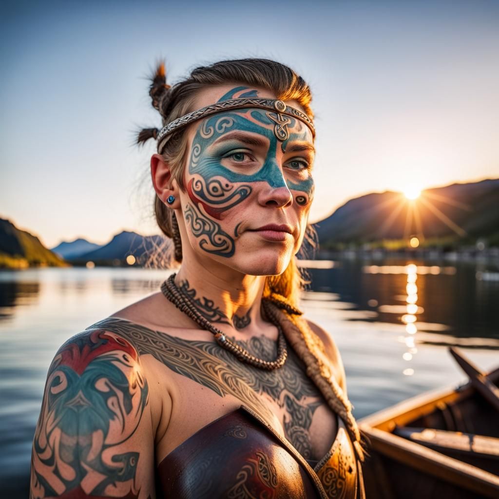 Viking Warrior Woman in Norway at Sunset