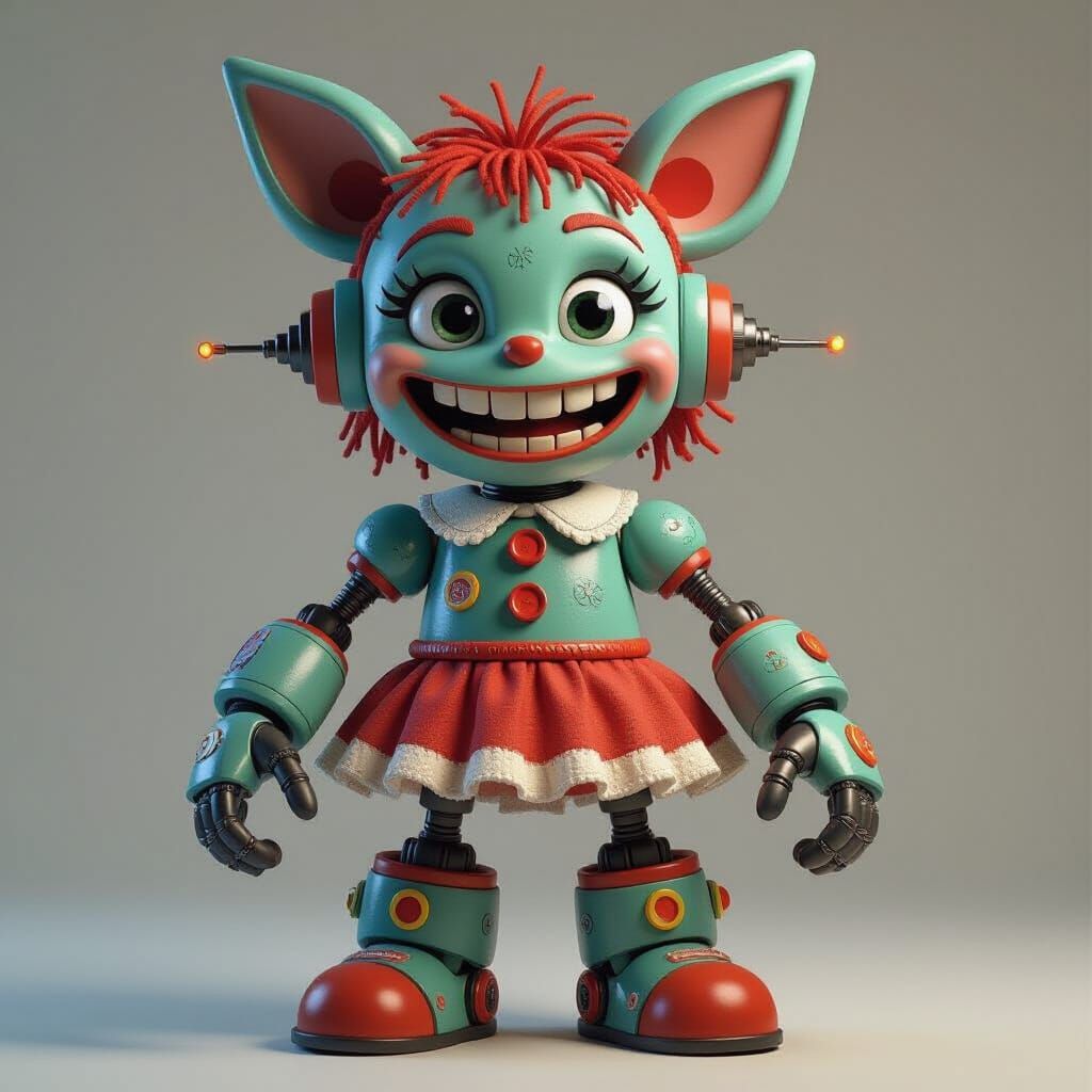 Whimsical Hybrid Creature: Labubu, Raggedy Ann, Moxie Robot