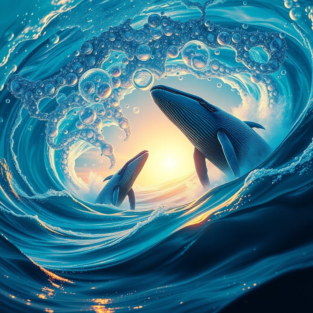 Surreal Oceanic Landscape with Majestic Whales