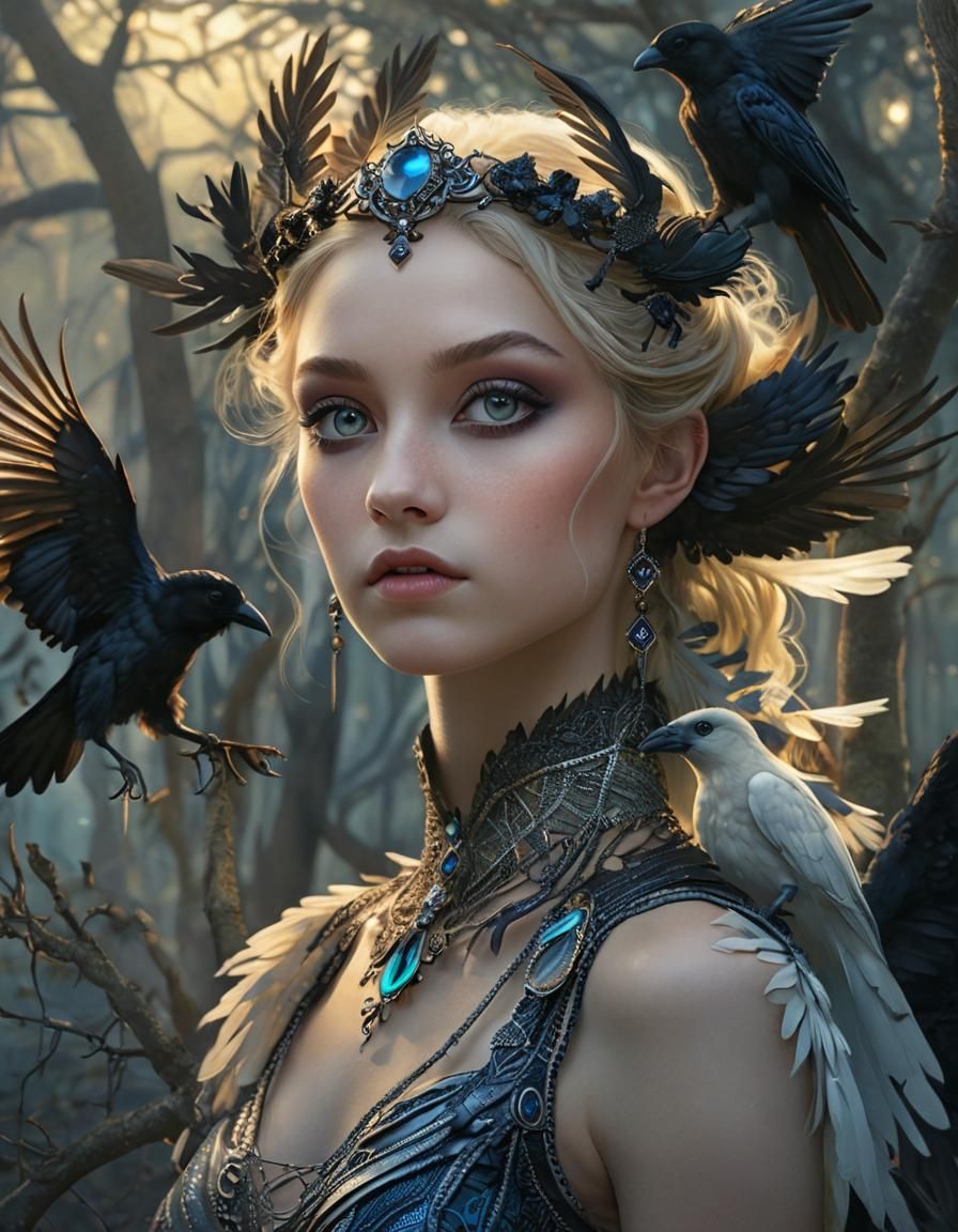 Opalescent Crow Goddess in Dead Forest