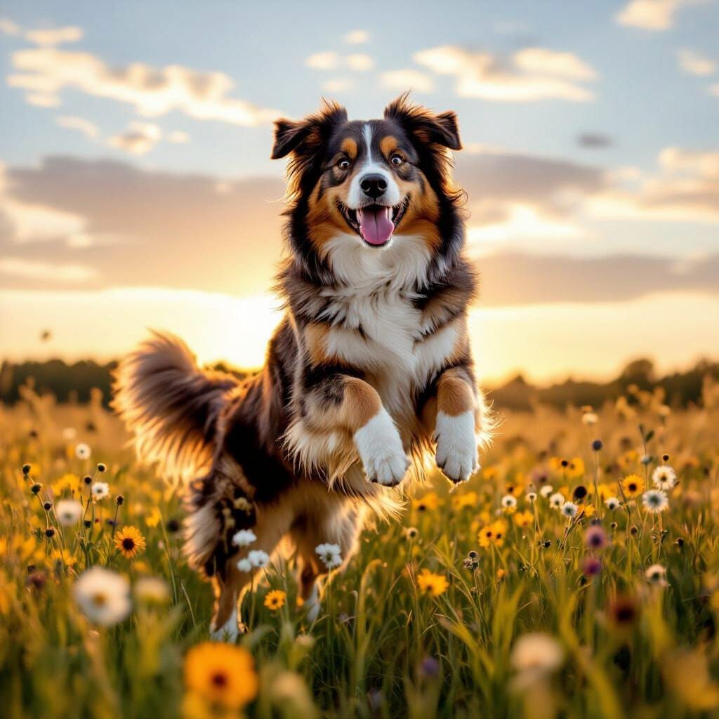 Giant Plush Dog Joyfully Plays in Wildflower Field