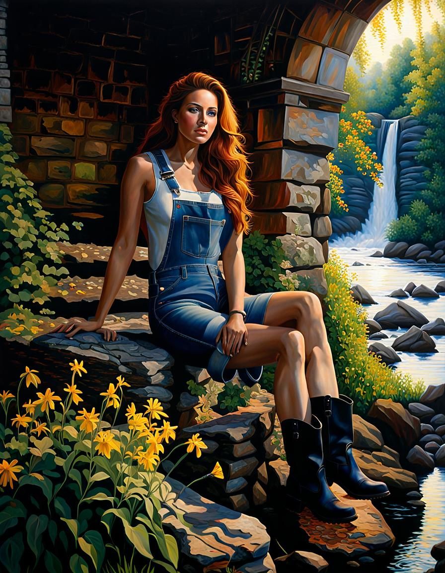 Auburn-Haired Woman in Ruins: Chiaroscuro Oil Painting