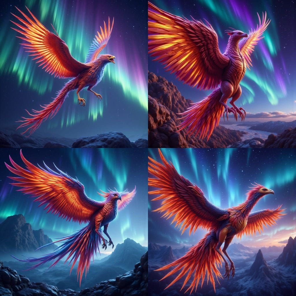 Majestic Phoenix Soaring Through Aurora Sky