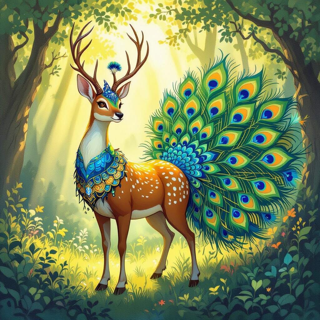 Fantastical Doe-Turtle-Peacock Creature in Sunlit Forest