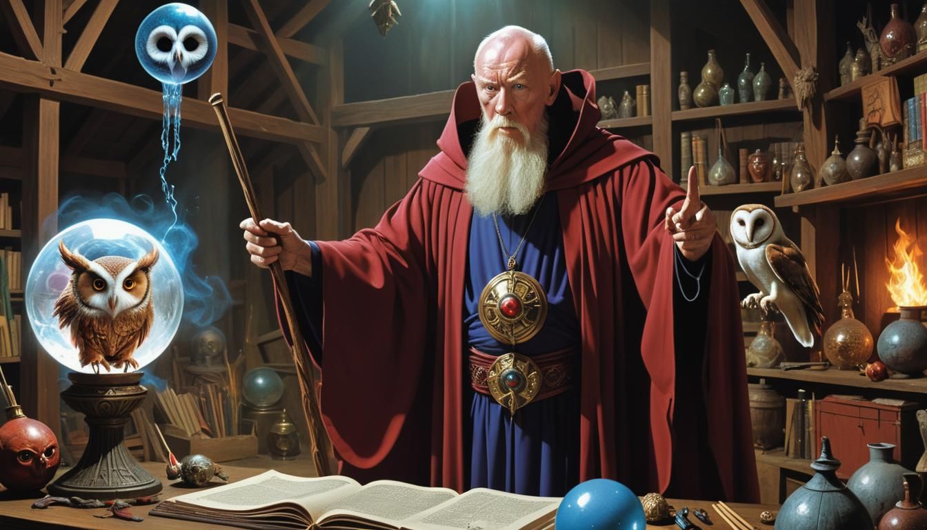 Fantasy Wizard Casting Spell in Arcane Chamber