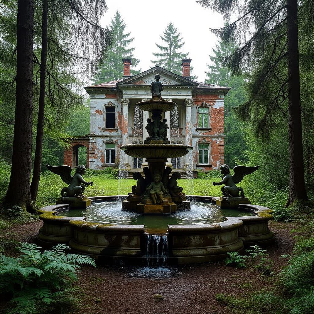 Grand Fountain in Boreal Forest Ruins
