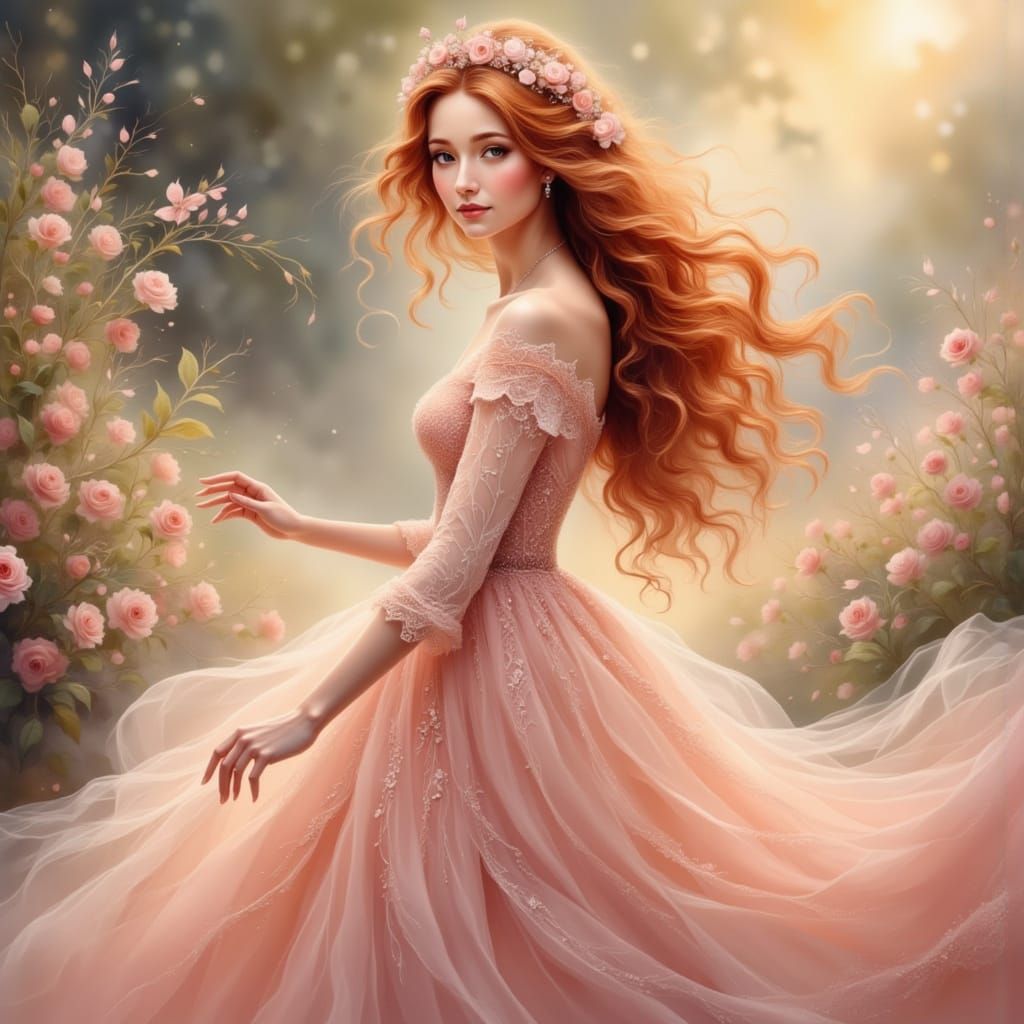 Elegant Redhead in Garden: Anime Hyperrealism