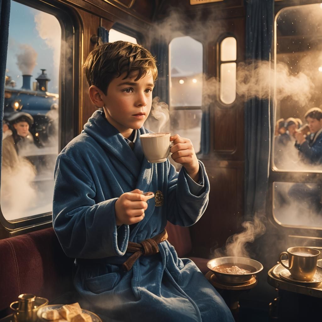 Boy on Polar Express in Dreamy Cinematic Style