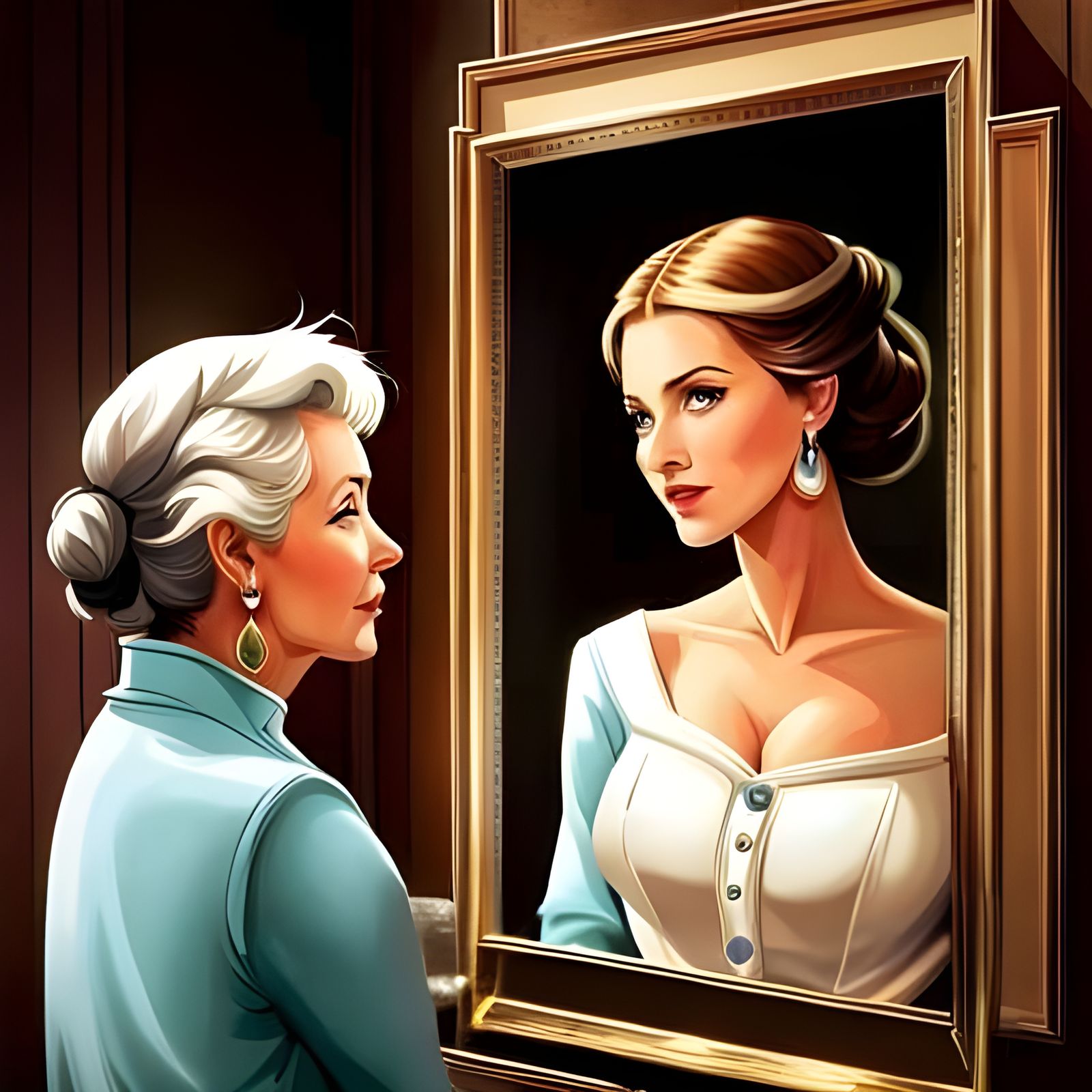 Reflection: Old Woman, Young Self, Magic Mirror