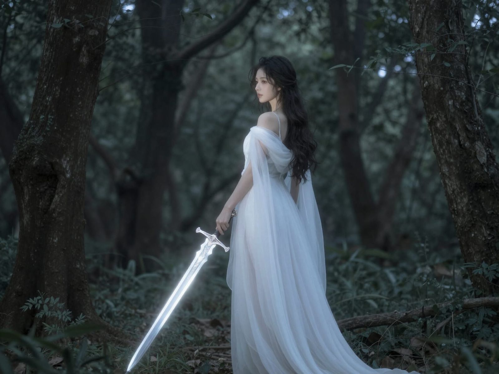 Mystical Woman With Glowing Sword in Fantasy Forest