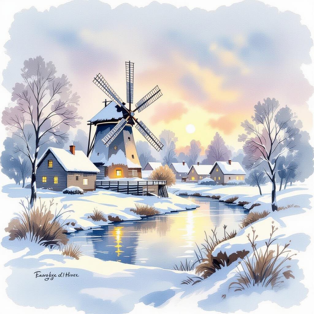 Winter Mill Landscape in Soft Watercolor Light