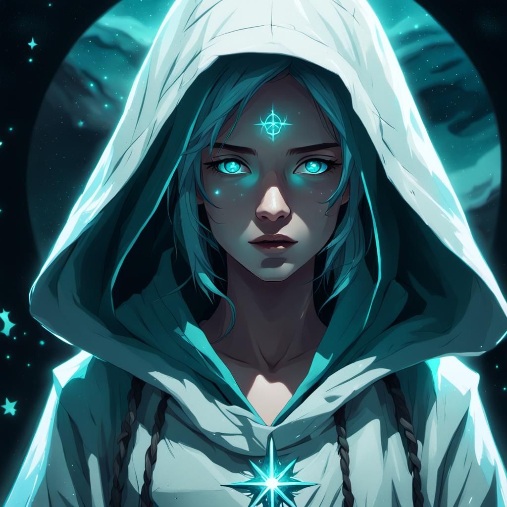 Anime Woman with Turquoise Eyes in the Dark