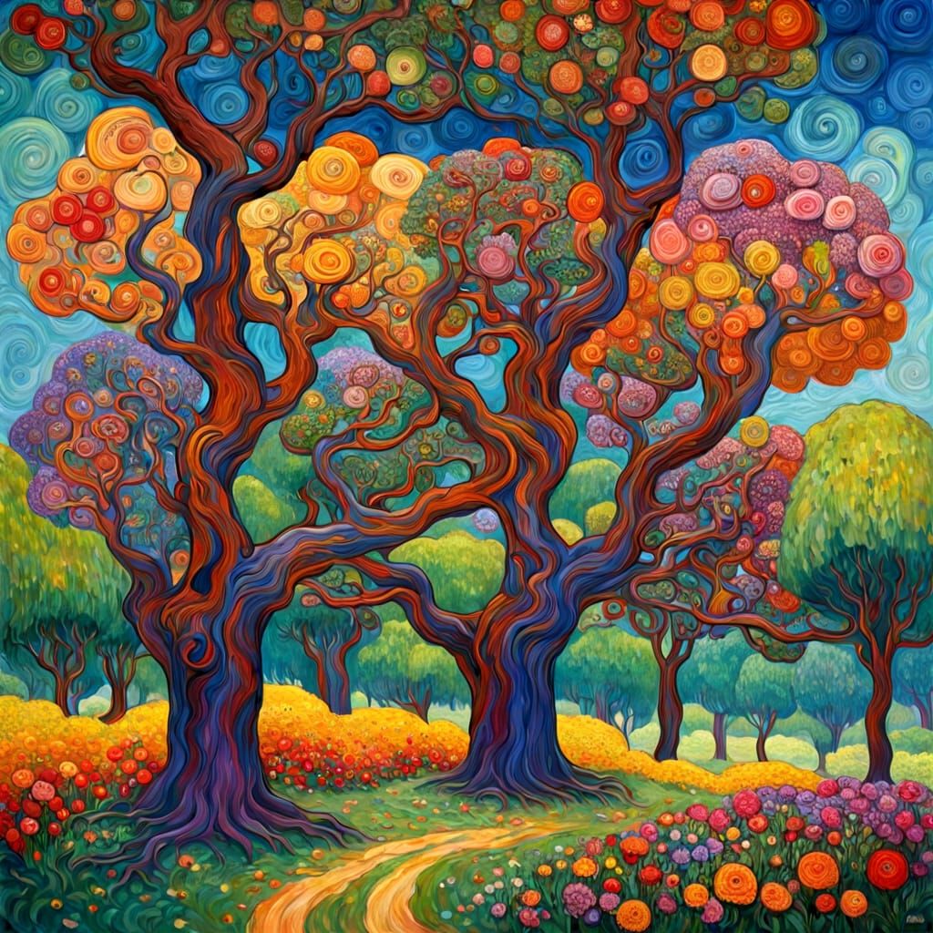 Gnarled Trees Frame Floral Copse: Klimt-Style Impasto