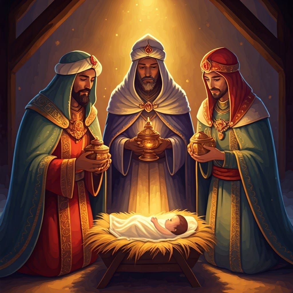 Regal Magi Gather Around Jesus in Vibrant Anime-Inspired Key...