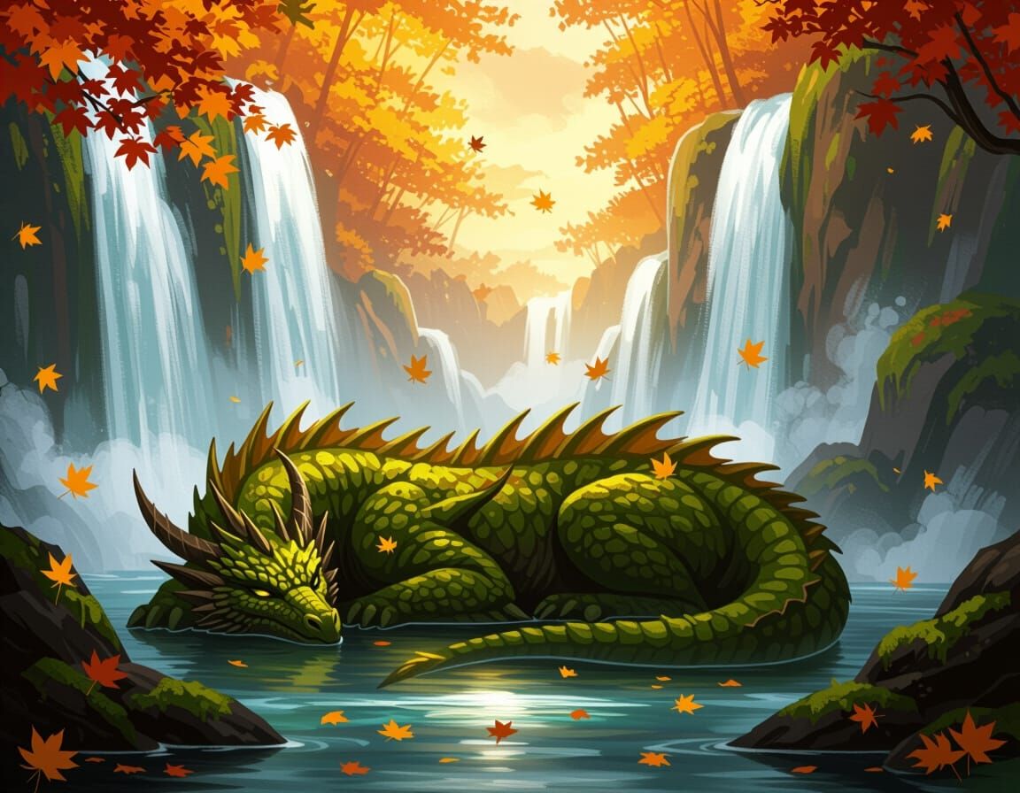 Ancient Moss Dragon Sleeps in Autumn Waterfall