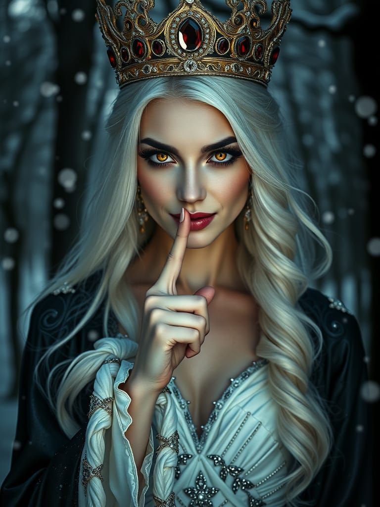 Regal Vampire Queen in White Gown with Evil Smile