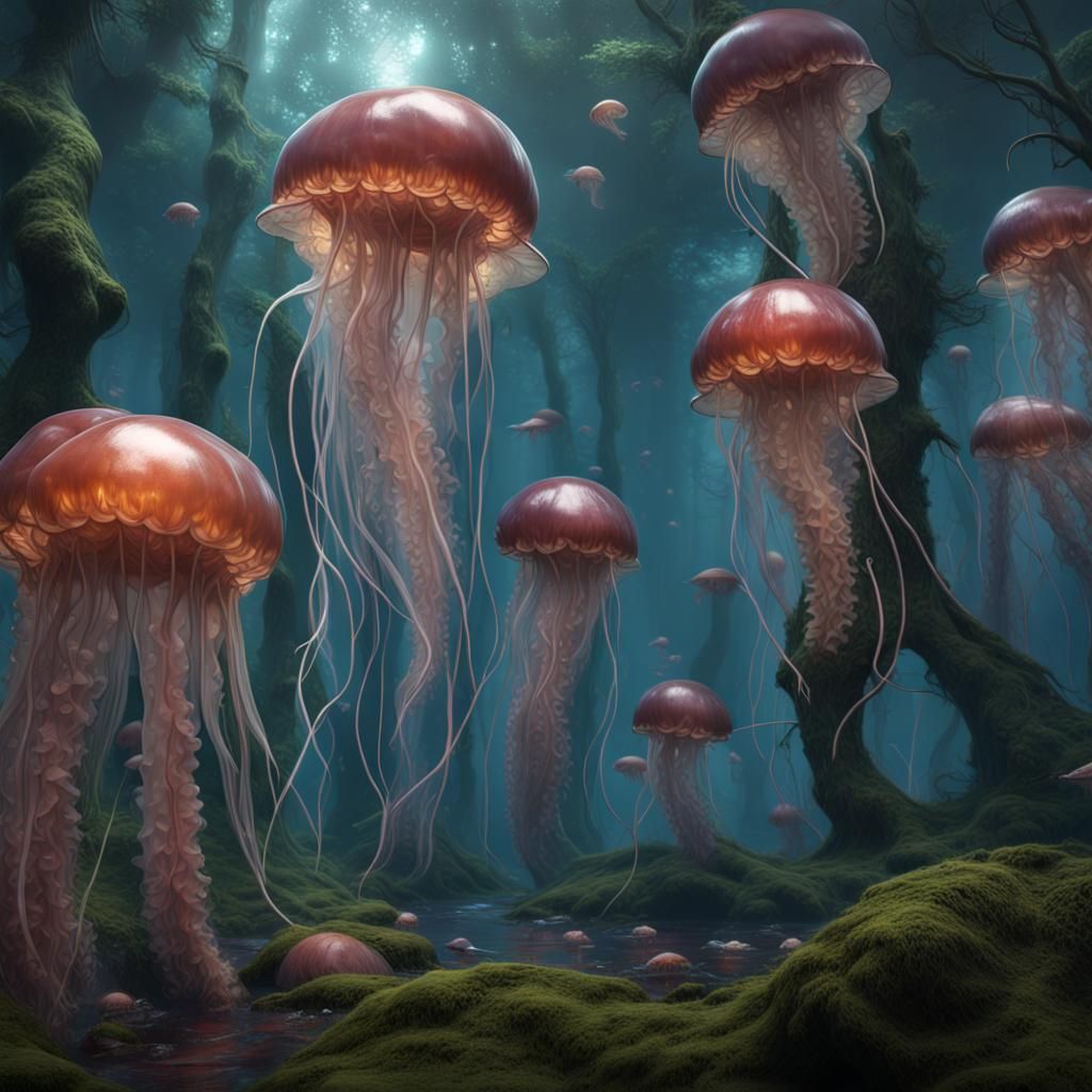 Underwater Forest with Jellyfish and Fish: Fantasy Concept A...