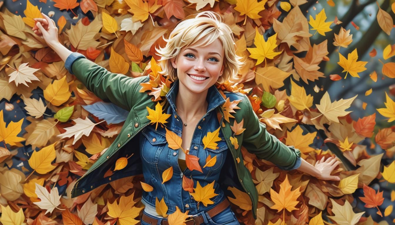 Smiling Pixie Woman in Autumn Leaves, Comic Art