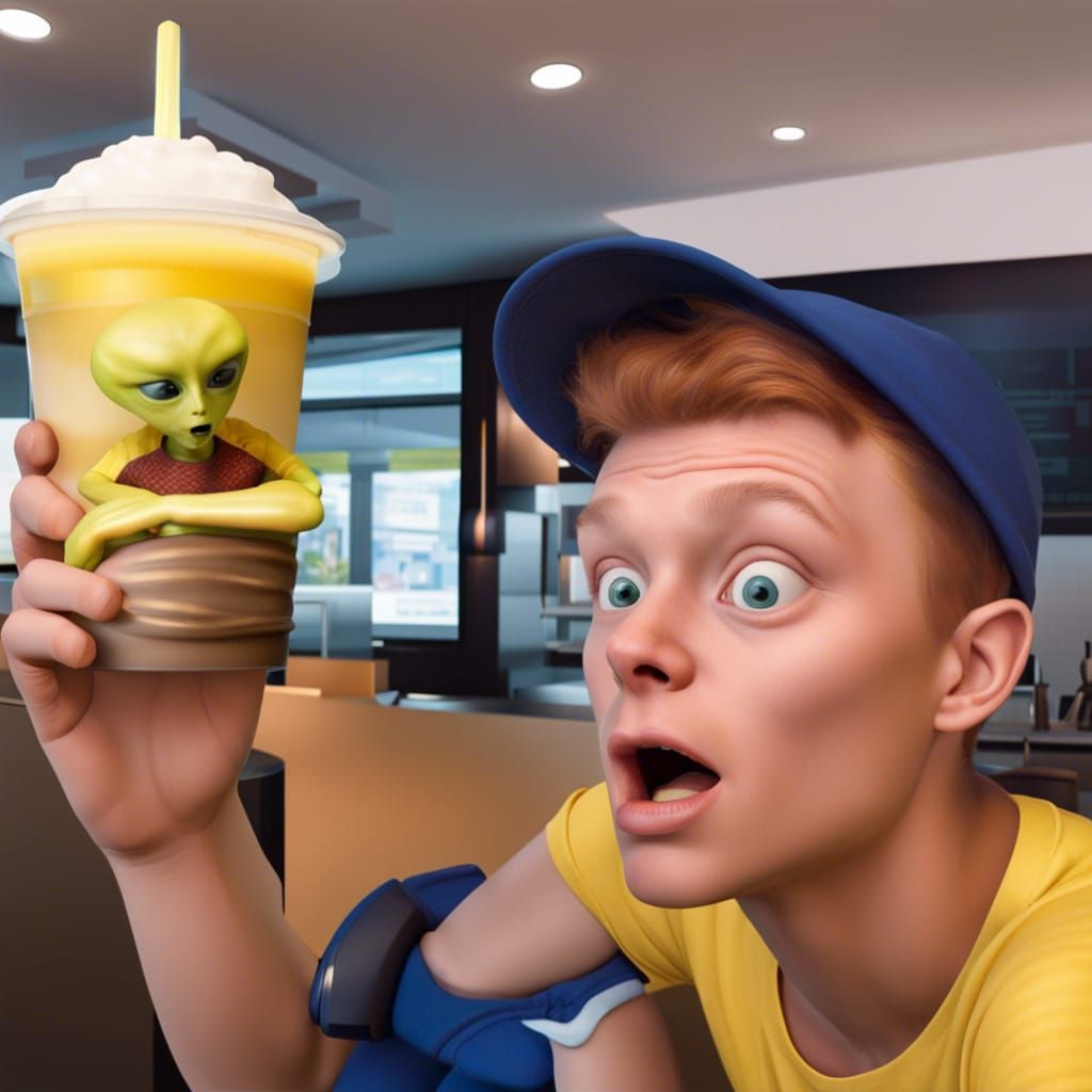 Confused Alien at McDonald's Holding Milkshake