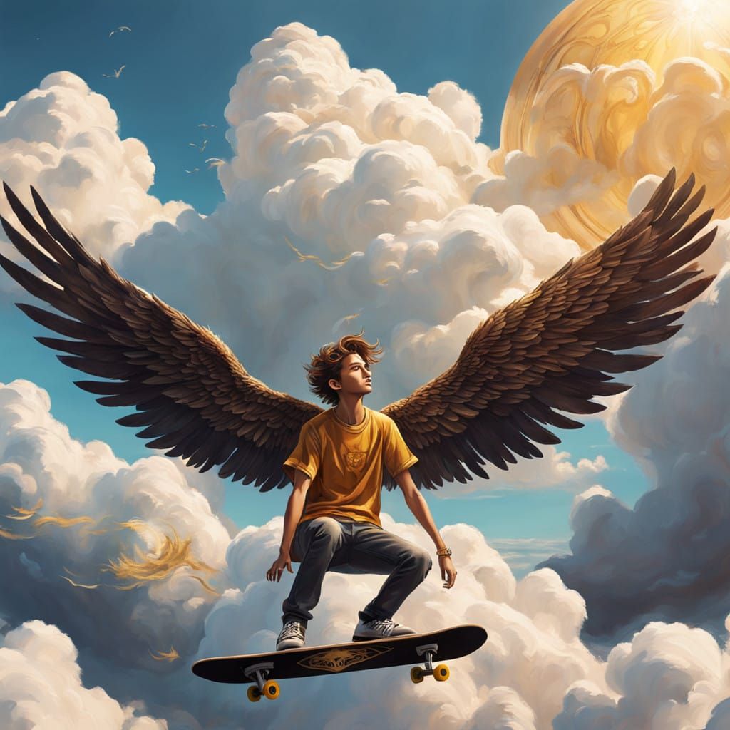 Serene Angelic Youth Soars Above the Clouds in Hyperrealisti...