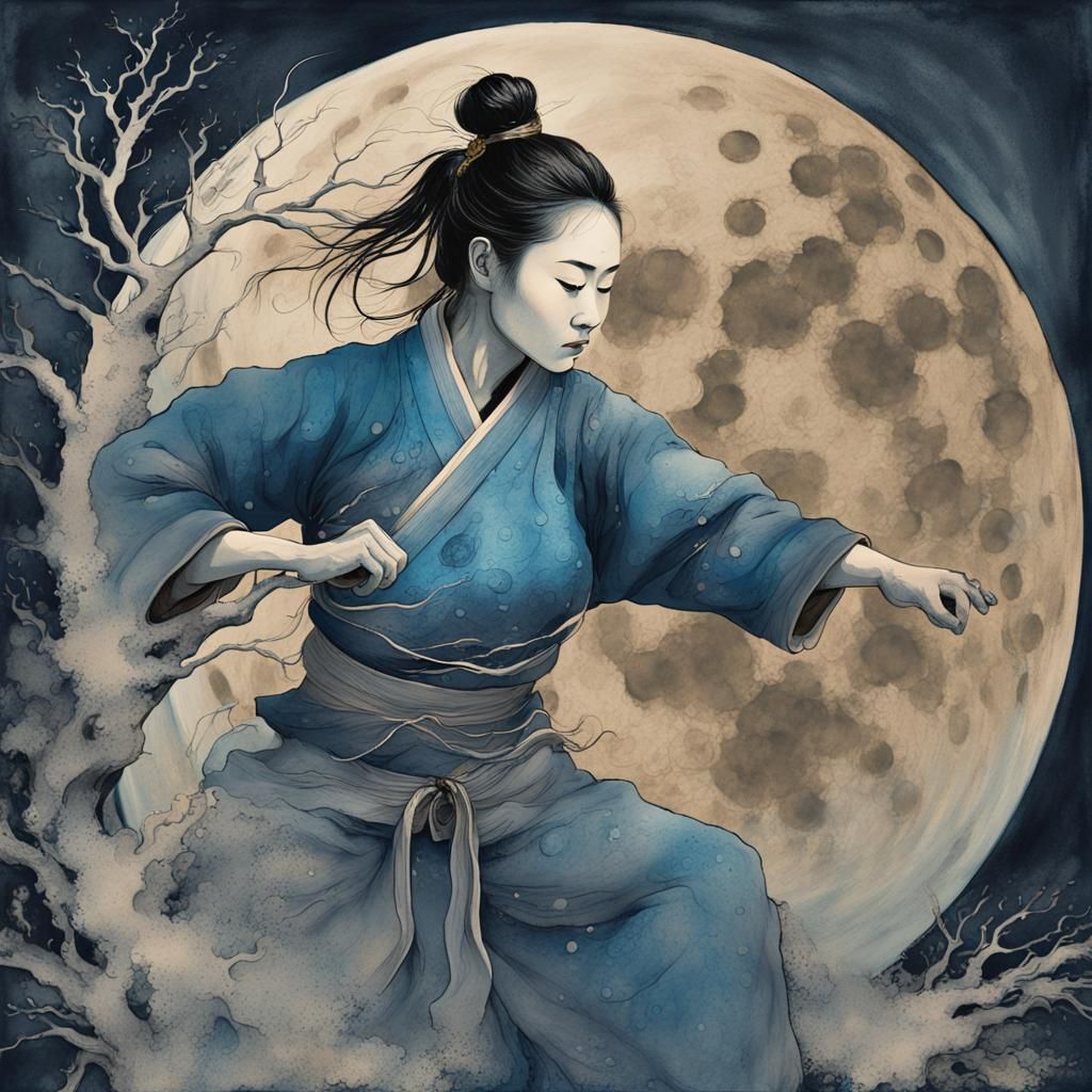 close up of chinese female martial arts warrior practicing h...