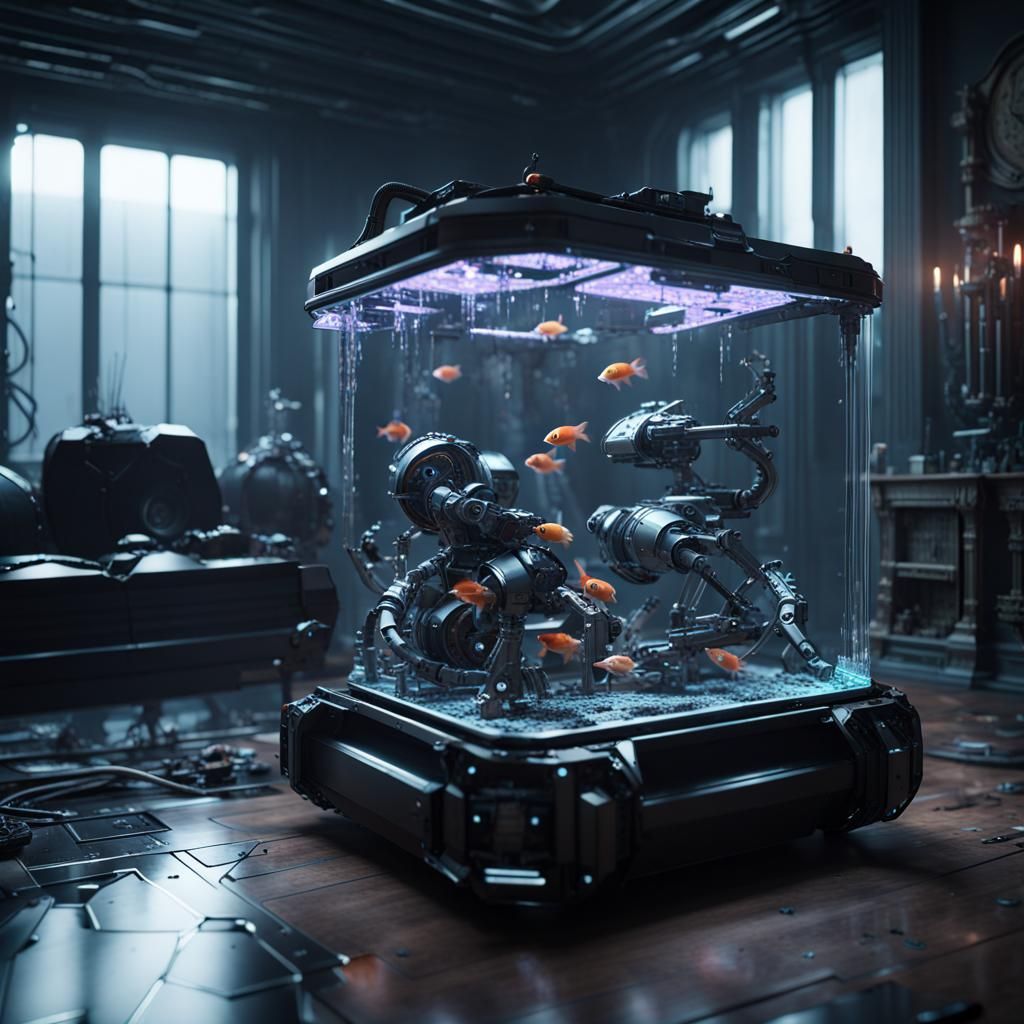 Robotic Fish in Goth Living Room, Sci-Fi Render