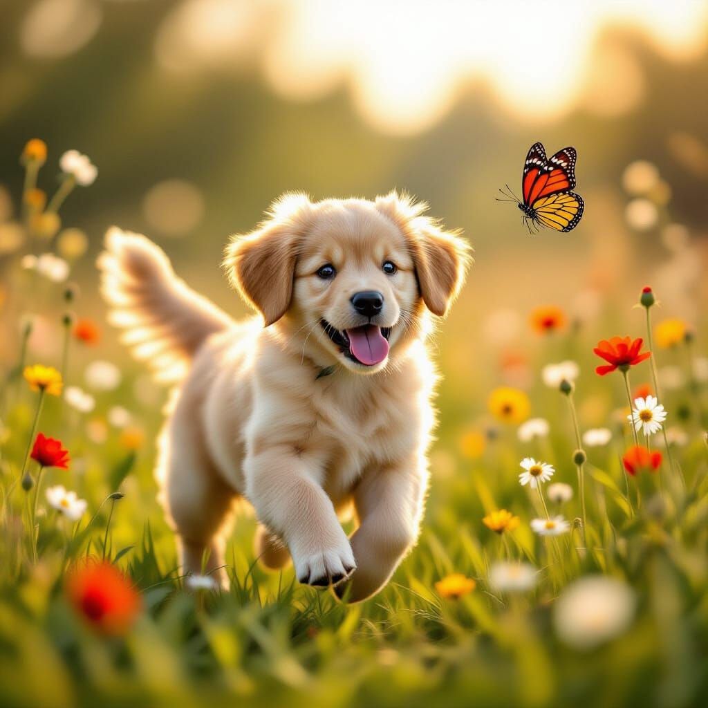 Golden Retriever Puppy Chases Butterfly in Meadow