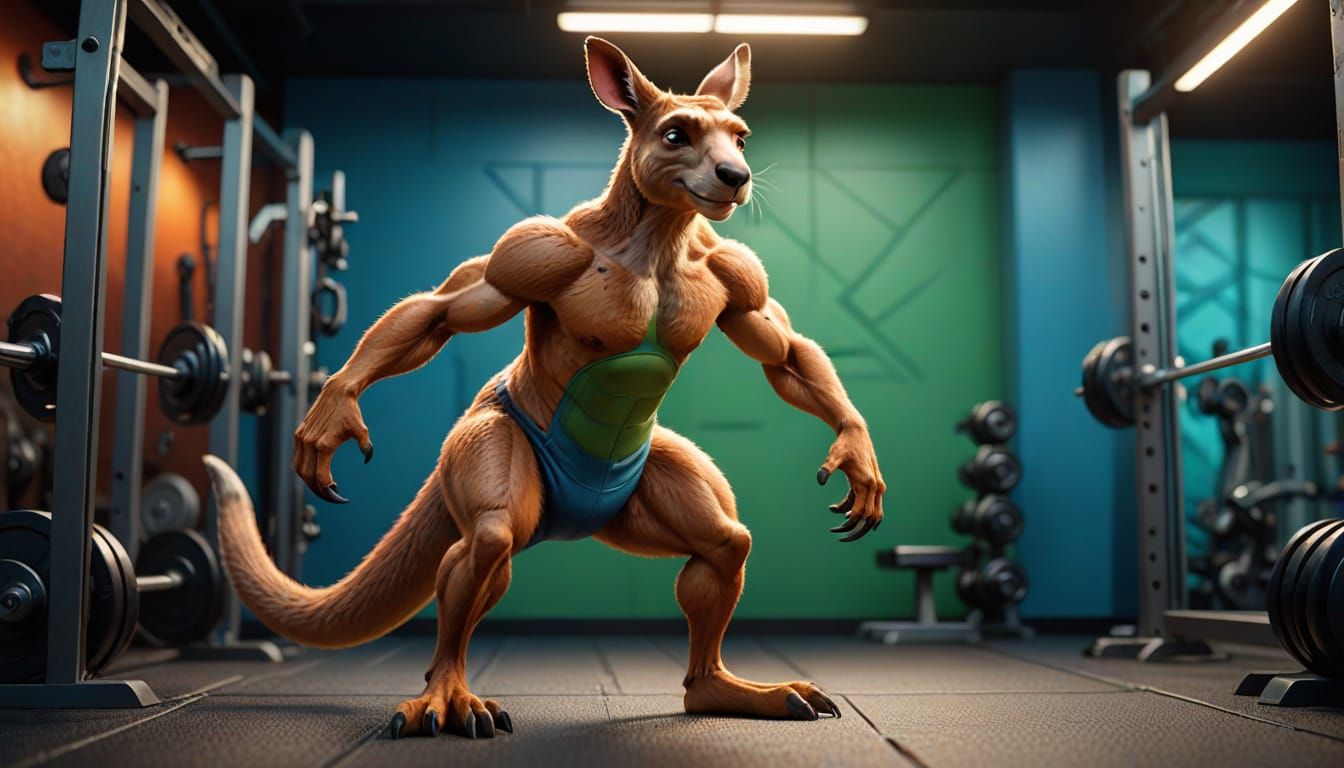 Muscular Kangaroo Poses in Gym Mirror, Hyper-Realistic 3D Ar...