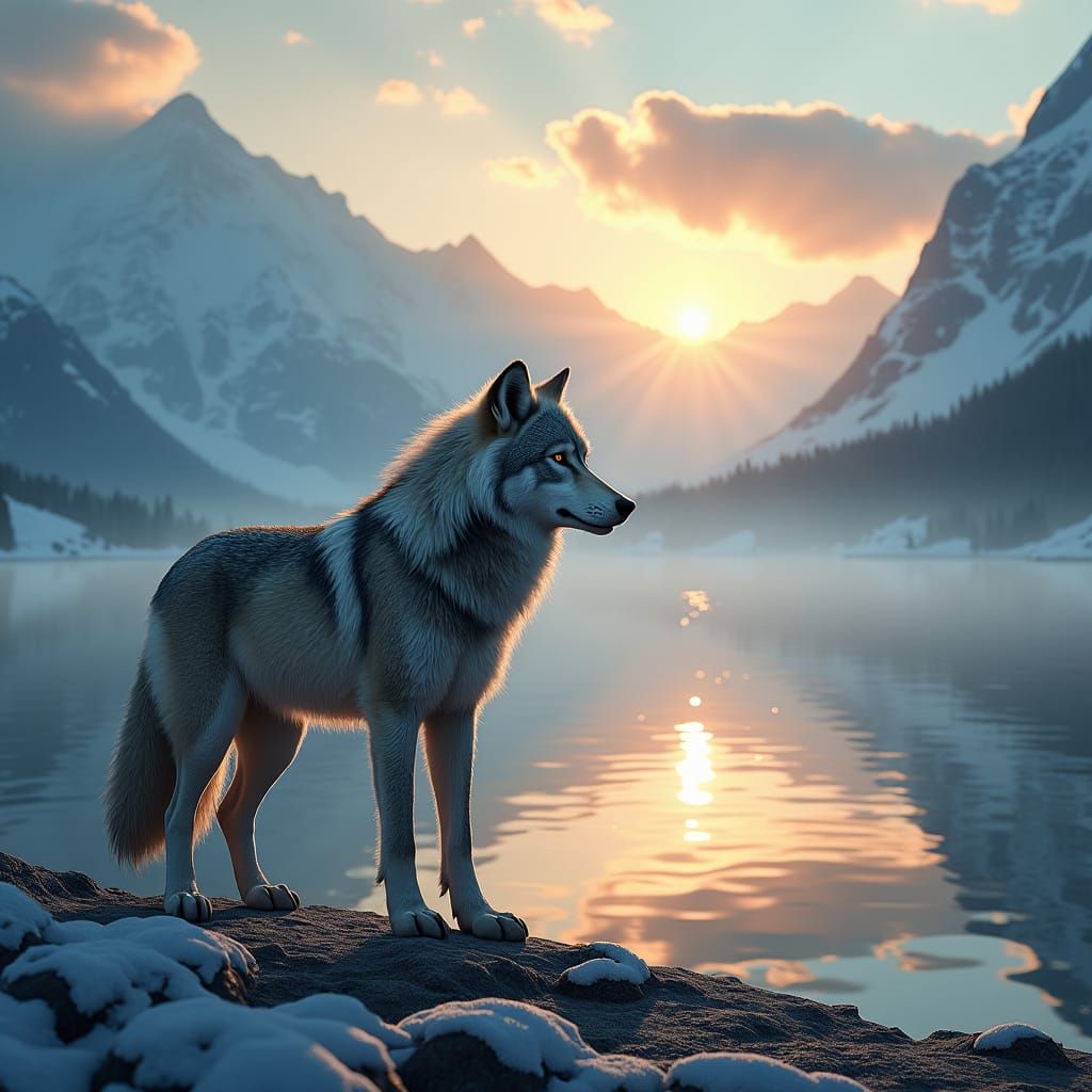 Wolf at Sunrise Over Misty Lake