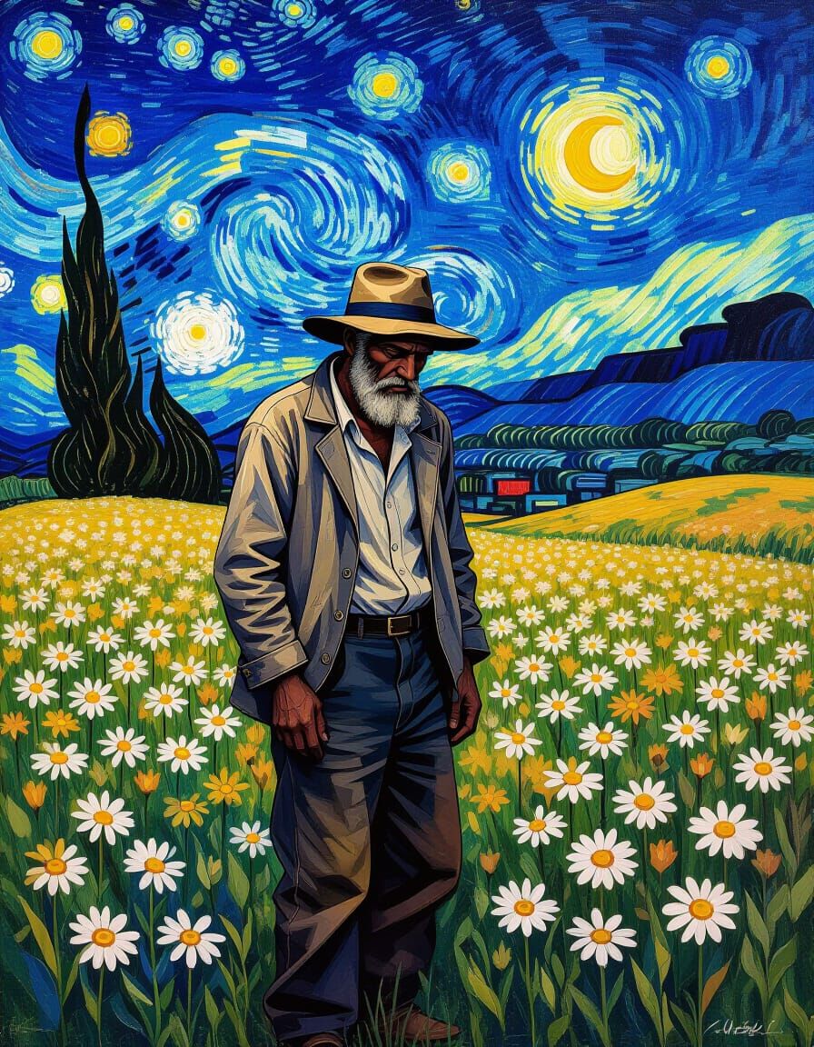 Homeless Man in Meadow, Van Gogh Style