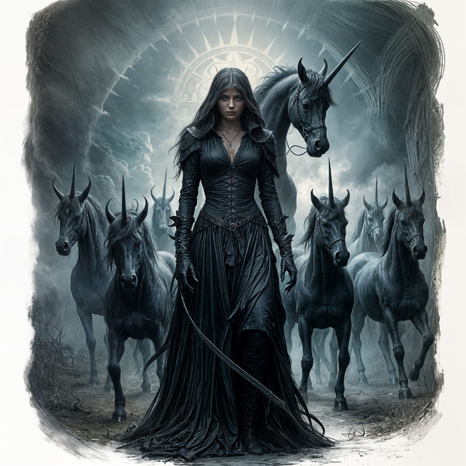 Dark Unicorn Herd in Horror Art Style