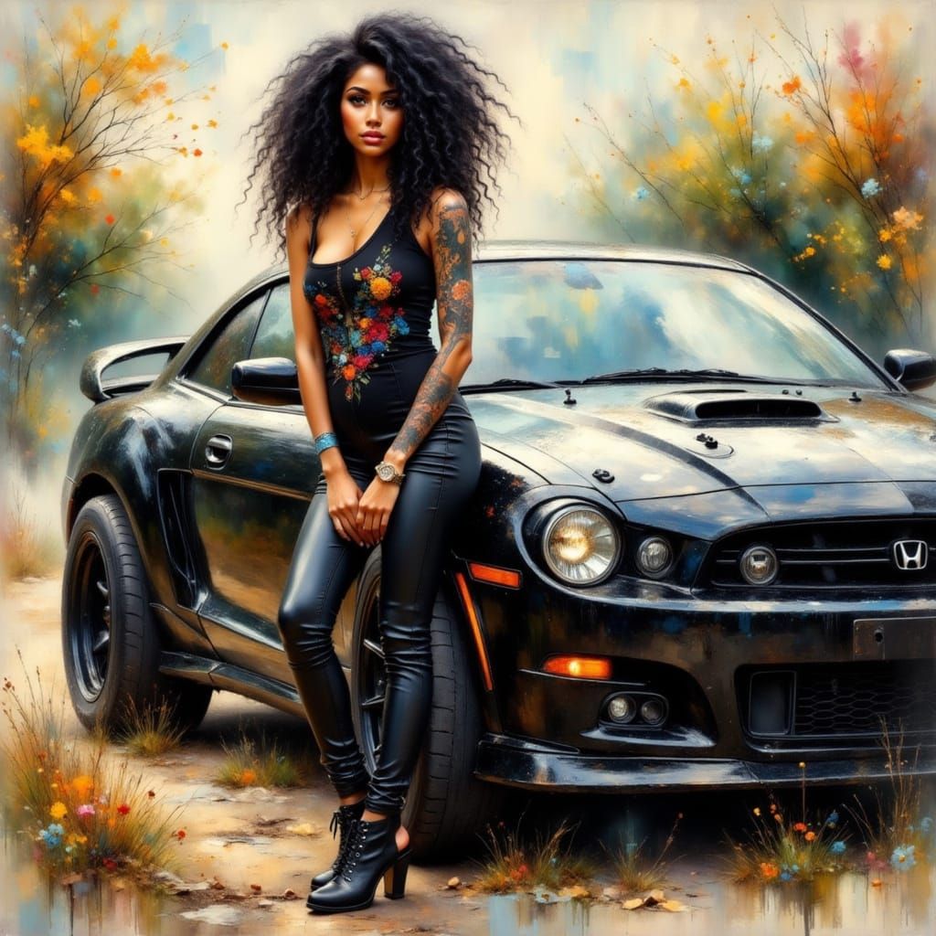 Woman with Black Hair in Grunge Impressionist Style