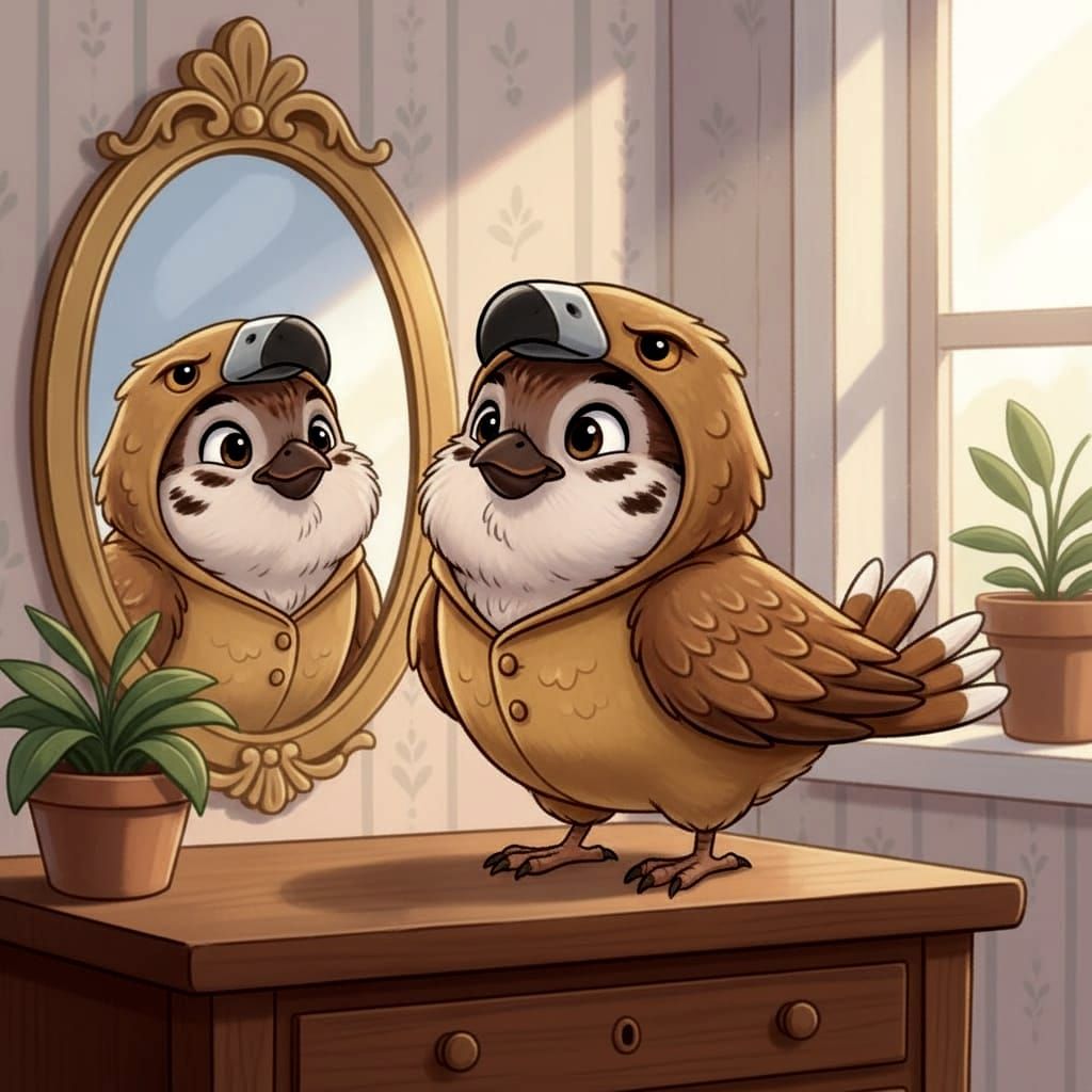 Cute Sparrow in Eagle Costume Admiring Himself