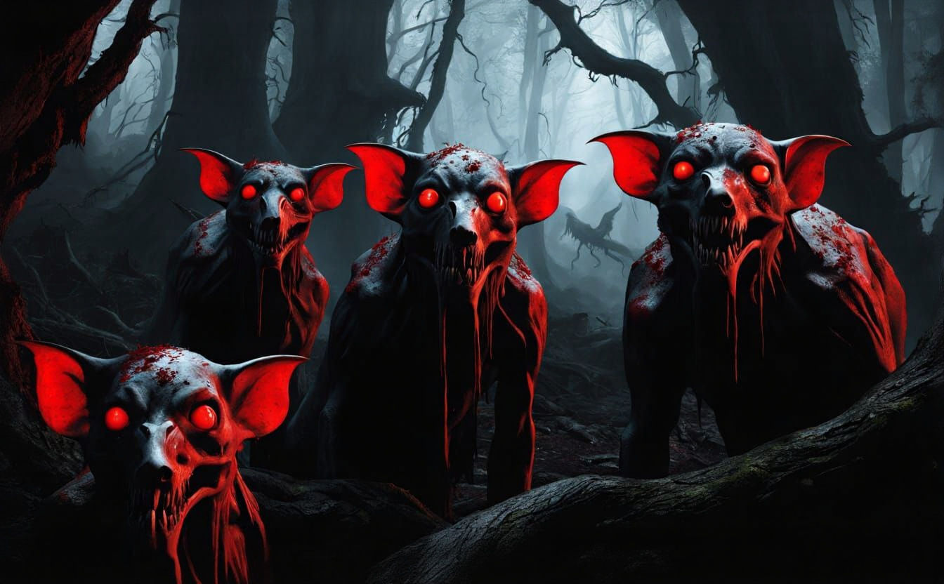 Horror Forest Scene with Monstrous Apes and Pigs