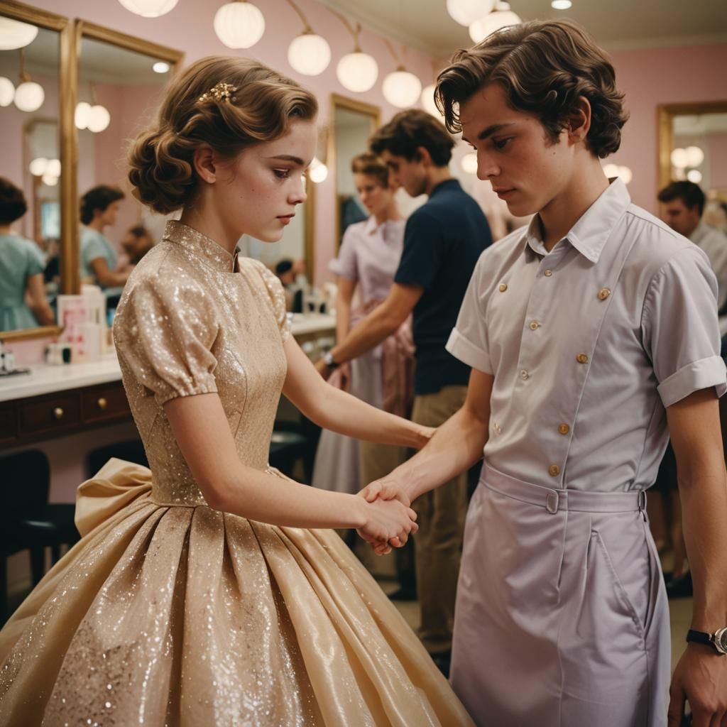 Girl Helping Boy With Dress, Cinematic Film Still