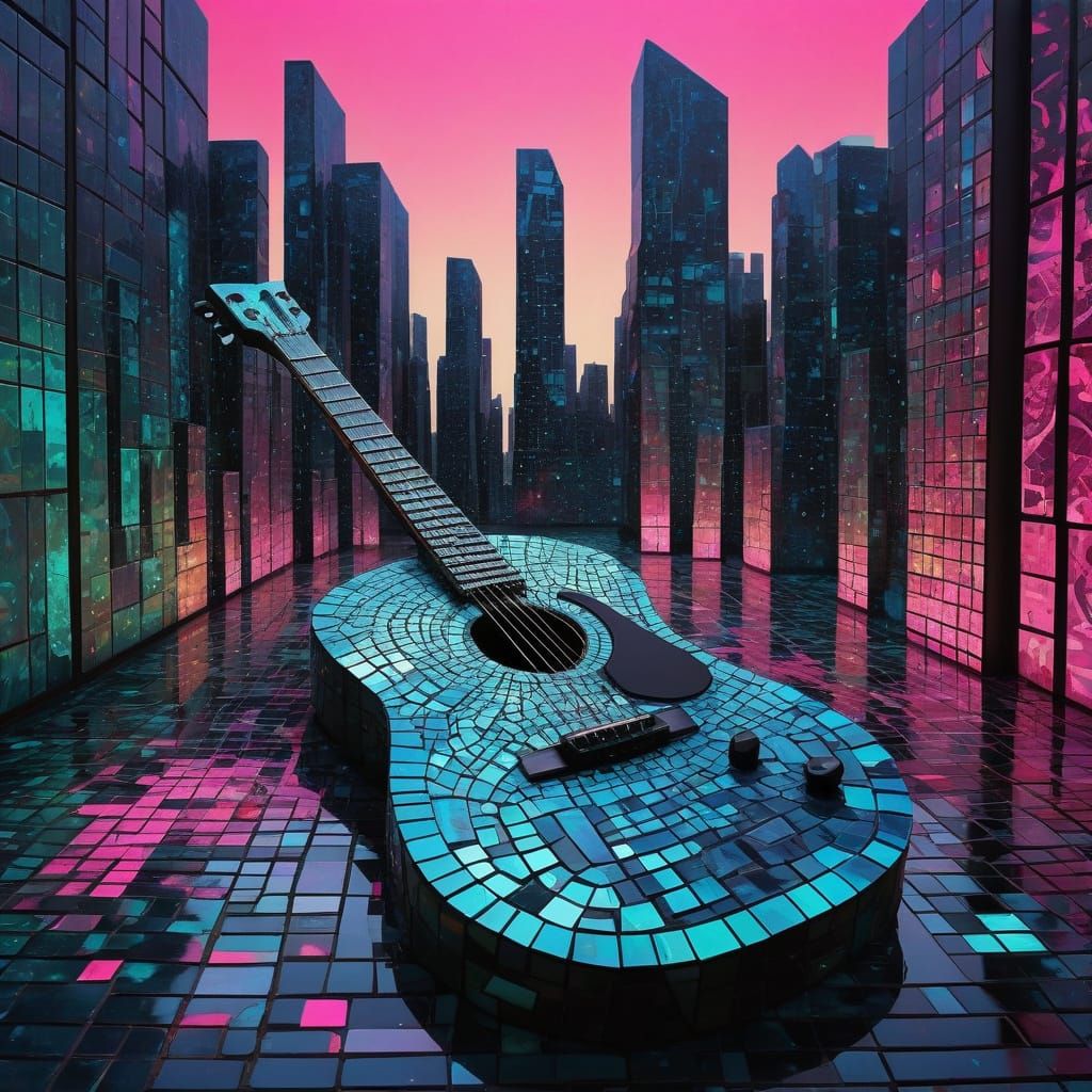 Surreal Mosaic Guitar in Neon-Lit Retro-Futuristic Setting