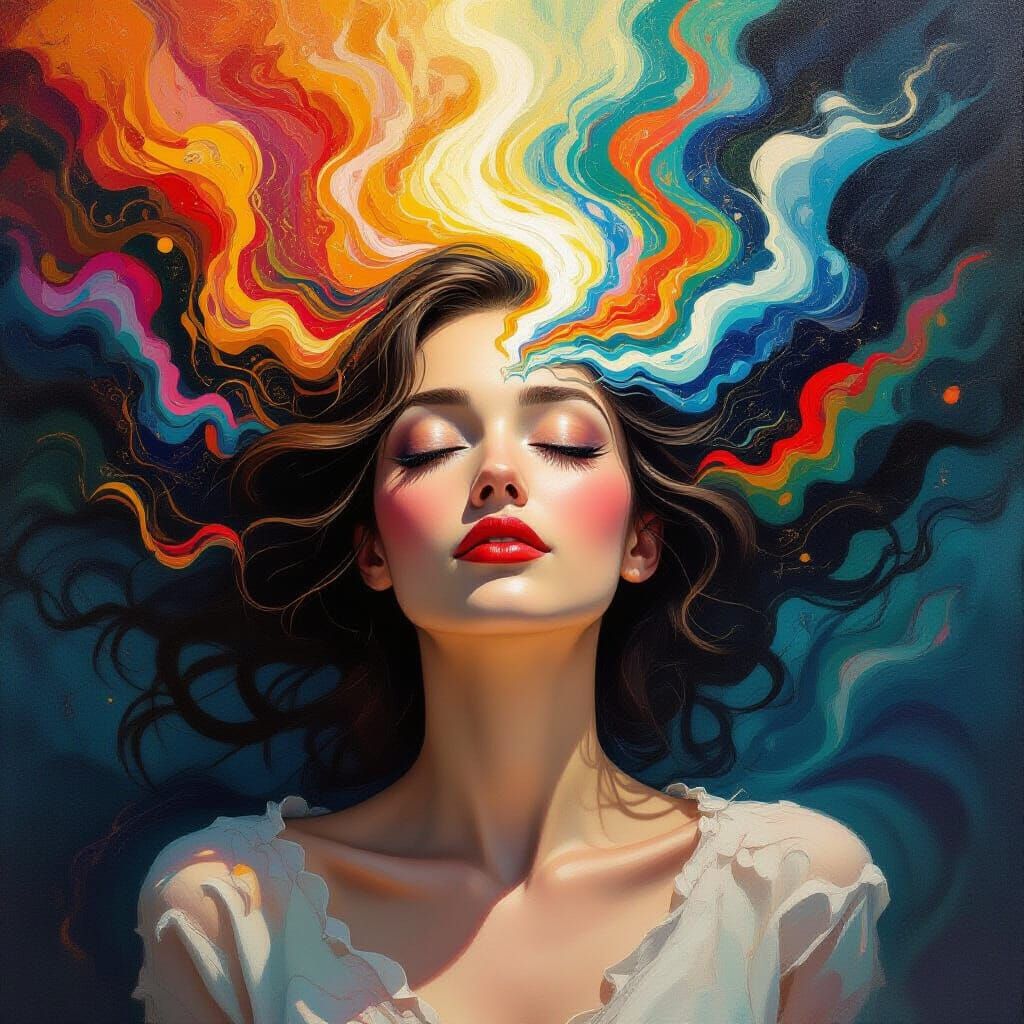 Serene Woman Engulfed by Surreal Chaotic Energy