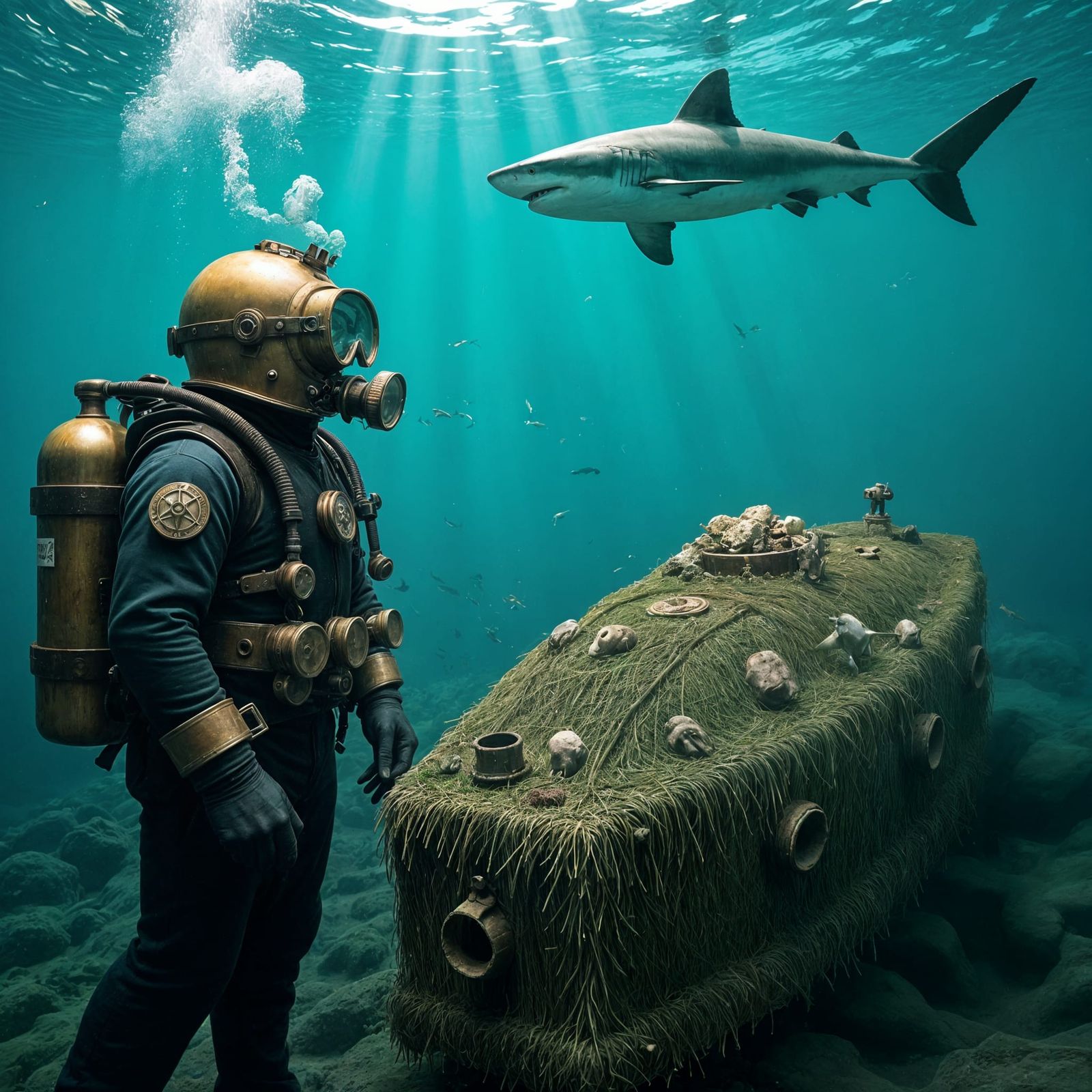 Vintage Scuba Diver and Shark in Sunken Coffin Scene