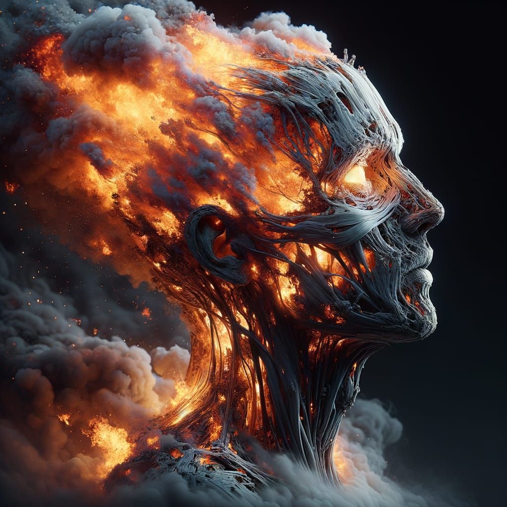 Head as Burning Tree in Hyperrealistic Style